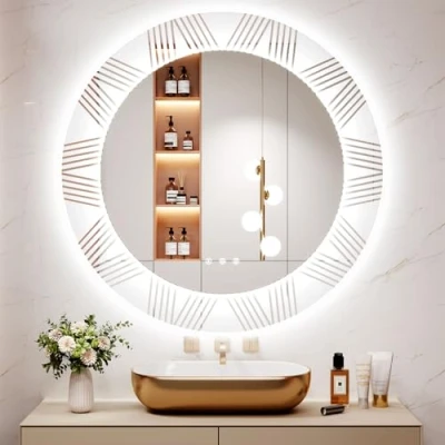 Image of Dripex 800mm Round LED Bathroom Mirror, Patterned Circle Backlit Makeup Mirror with Light, Anti fog, 3 Colors Dimmable Lights, Memory Function, Large Wall Mounted Vanity For Bedroom