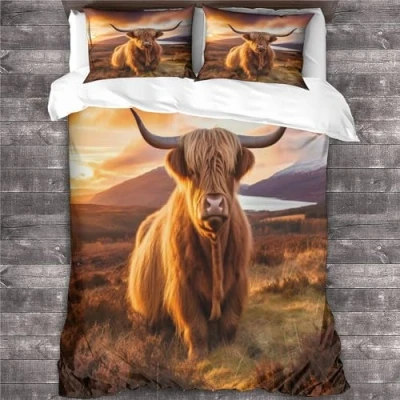 Image of REIPOL Highland Cow Bedding Comforter Cover Set 3D Colourful Animals Duvet 3 Piece Quilt with Pillowcases Zipper Closure Soft Microfiber for Kids Teens Adults King（220x240cm）