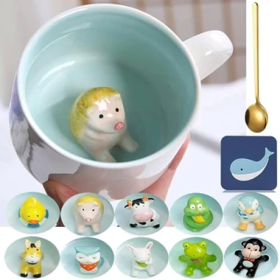 Image of Animal Inside Cup Hedgehog Mugs 12 OZ Funny Coffee with Handle Cute Tea Cups Spoon Ceramic Gift for Women Friends Unique Mug Birthday Party