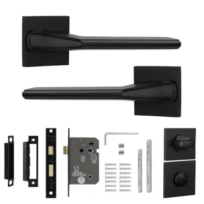 Image of Decoranddecor Black Door Handles Internal Aluminium Matt Handle Sets for Wooden Interior Doors with Bathroom Lock and Turn Release Pera Range