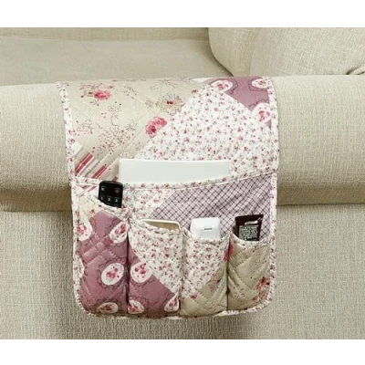 Image of Brilliant Sunshine Pink Rosette and Stripes Patchwork Couch Armrest 5 Pockets Organizer, Slip Resistant Armchair Caddy, Washable Remote Controls Holder, Storage for Magazine, Tablet, Phone, iPad, Rose