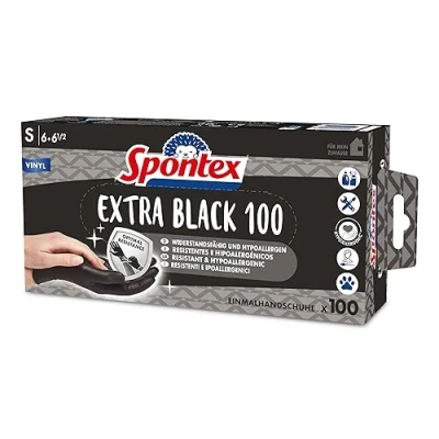 Image of Spontex Extra Black Disposable Vinyl Gloves, Powder Free and Latex Free, Versatile, in Practical Dispenser Box, Size S, Pack of 100,