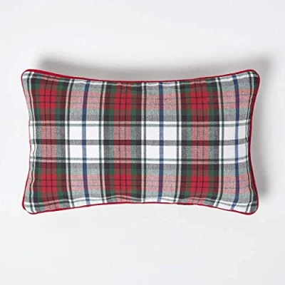 Image of HOMESCAPES 100% Cotton MacDuff Tartan Check Cushion Cover 30 x 50 cm Rectangular 12 20 Inches Christmas Red Green White sofa Washable