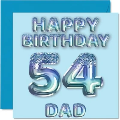 Image of 54th Birthday Card for Dad Blue Glitter Party Balloons Happy Cards 54 Year Old Father from Son Daughter, 145mm x Bday Greeting Gift