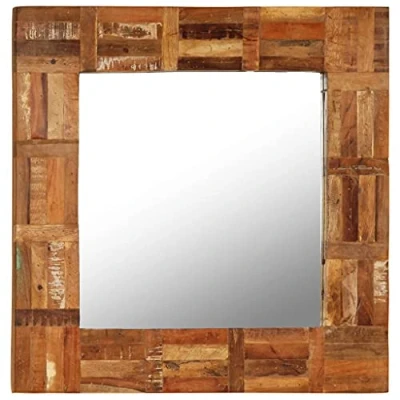 Image of vidaXL Wall Mirror with Solid Reclaimed Wood Frame, Antique Designed Bedroom/Bathroom Accessory, Square Shaped Industrial Style Hanger