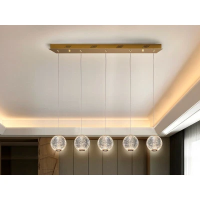 Image of Austral Modern Bar 5 Light LED Hanging Pendant Light, Spherical Carved Crystal Globes, 1264lm, 3200K