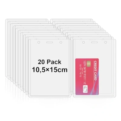 Image of Fushing 20 Pcs Vertical PVC ID Card Name Tag Badge Holders Protector Hole Punch for Business School Event (150x105mm)