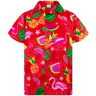 Image of King Kameha Hawaiian Shirt Men Fruit Designs Regular Short Sleeve, Flamingo Melon, Red, M