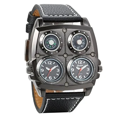 Image of Avaner Mens Punk Unique Big Face Analog Dual Time Quartz Business Casual Watch with Decorative Compass and Thermometer Dial Black Leather Strap