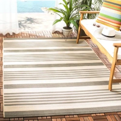 Image of SAFAVIEH Striped Rug for Indoor &amp; Outdoor Courtyard Collection, Short Pile, in Grey and Bone color, 160 X 231 cm
