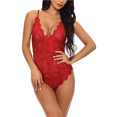 Image of Ho Mall Summer Women Racey Spaghetti Strap Stretch Vest Tops Lace V Neck Cross Back Work Casual Beach Underwear Plain Bodysuit Leotard Jumpsuit Teddy Lingerie (Burgundy, Large)