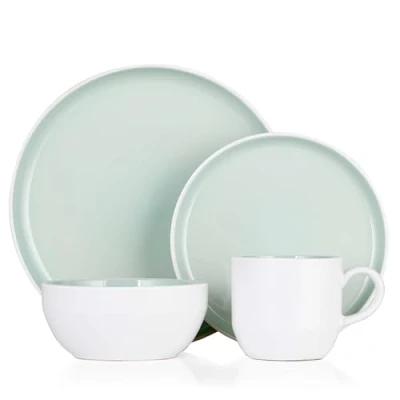 Image of Barbary &amp; Oak BO867004GRN Oslo 16 Piece Dinnerware Set, Stoneware, White and Peppermint Green
