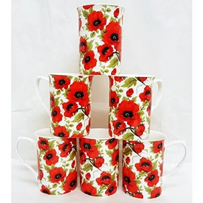 Image of Red Poppy Mugs Set of 6 Fine Bone China Floral Poppies Cups Hand Decorated in UK