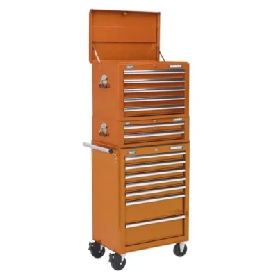 Image of Sealey Topchest, Mid Box &amp; Rollcab Combination 14 Drawer with Ball Bearing Slides Orange