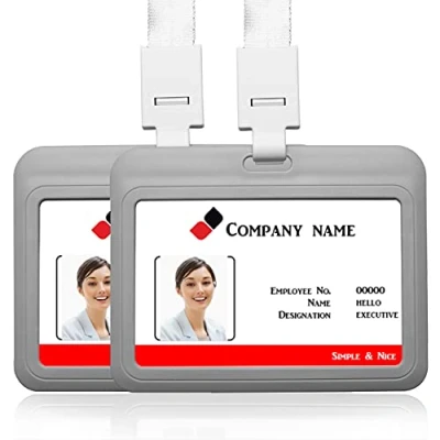 Image of 2PCS Horizontal ID Card Badge Holder with Lanyard Neck Strap Name Tag Student Work (Gray)