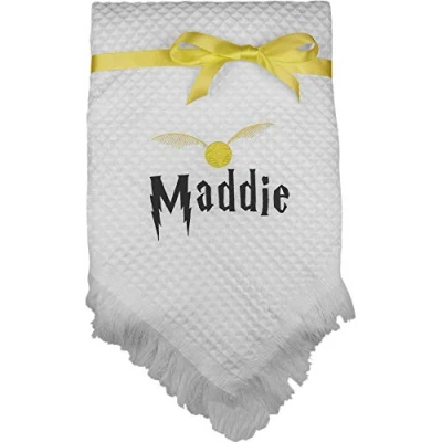 Image of Personalised Magical Wizard Shawl Blanket with Name Embroidery (Yellow &amp; Black)