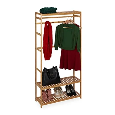 Image of Relaxdays Bamboo Coat Rack with 3 Shelves 163.5 x 78.5 29 cm Natural