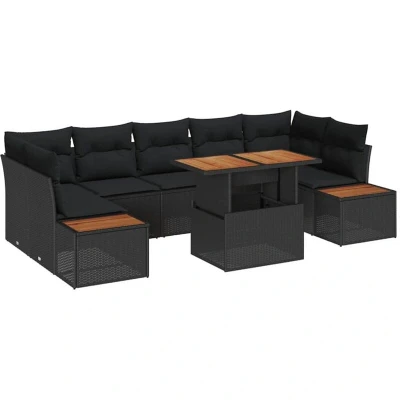 Image of vidaXL 8 Piece Garden Dining Set with Cushions Black Poly Rattan Acacia