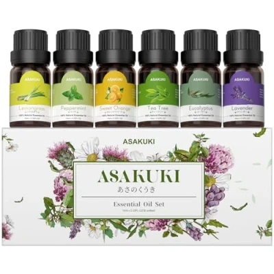 Image of ASAKUKI Essential Oils Set, Starter Kit for Diffusers Home Top6 Aromatherapy Gift Set 6 * 10mL, Includes Lavender, Eucalyptus, Lemongrass, Tea Tree, Sweet Orange, Peppermint