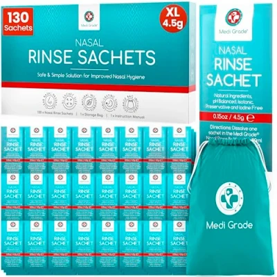Image of Medi Grade Saline Nasal Rinse Salt Sachets for Irrigation, 130 x 4.5g All Natural, Isotonic, pH Balanced Nose Cleaner Wash Clear Passages and Improved Breathing