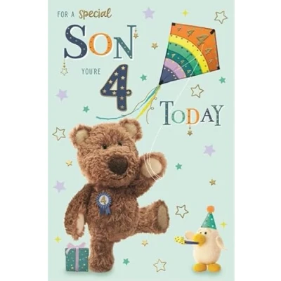 Image of ICG Special Son 4th Birthday Card Age 4 Barley Bear and Cluck Chick with Kite Stars Foil Details Eco Friendly