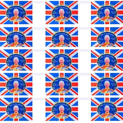 Image of King Charles III Coronation Bunting Street Party Flags 12ft 8 8&quot;x5&quot; Fabric Banner Wall Window Decoration Union Jack
