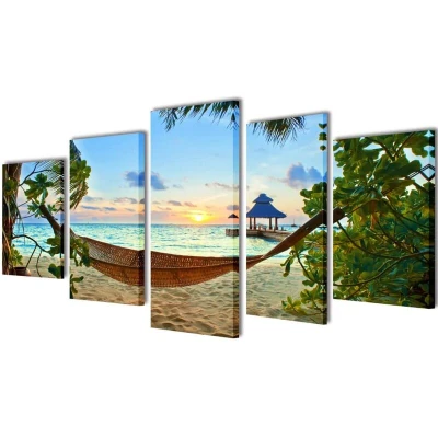 Image of vidaXL Canvas Wall Print Set Sand Beach with Hammock 200 x 100 cm