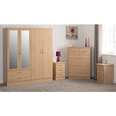 Image of Seconique Nevada 4 Door 2 Drawer Mirrored Wardrobe Bedroom Set in Sonoma Oak Effect