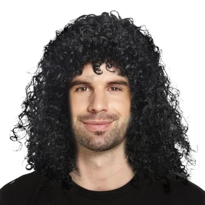 Image of XNIVUIS Black Wig Men&#039;s Rock Mullet Men Women Curly African 60s 70s 80s Hippie Mens Fancy Dress Disco for Party Music Festivals Carnivals Halloween (Black)