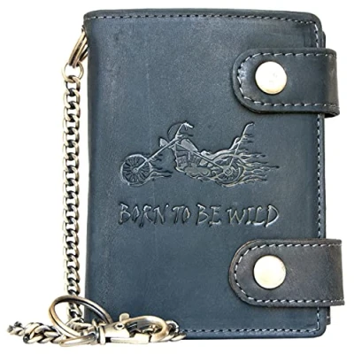 Image of Born to be wild Grey Genuine Leather Tri Fold Wallet with Metal Chain for Men