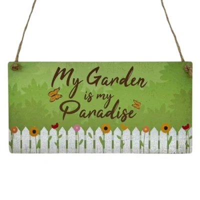 Image of Second Ave My Garden is Paradise Wooden Hanging Rectangle Home Friend Sign Plaque