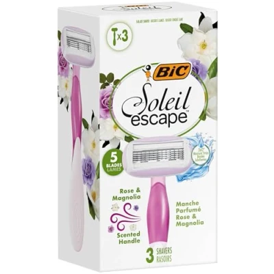 Image of BIC Soleil Escape 5 Blade Womens Disposable Razor Pack of 3 with Rose and Magnolia Scented Moisturizing Strip