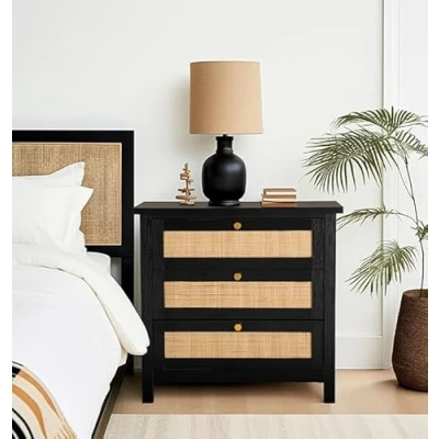 Image of Hallowood Furniture Newquay Black Chest with 3 Wooden Drawers &amp; Rattan Front, Small of Drawers, Bedside Hallway Bedroom Storage Unit, Living Room Cabinets