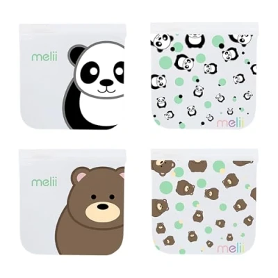 Image of melii Reusable Sandwich &amp; Snack Bags for Kids Adults, Food Storage, Organization Meal Prep Containers, Leakproof, BPA free, 4 Pack, 2 Panda Bear