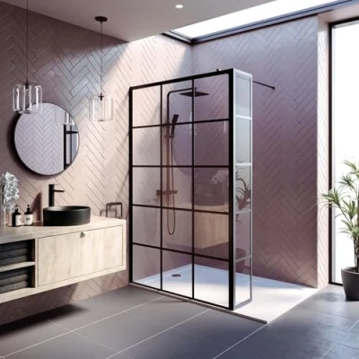 Image of BAYSTONE® 1200mm Wet Room Shower Screen Panel Grid 8mm Toughened Safety Glass Walk in Enclosure + Fixed Return Panel, Matt Black