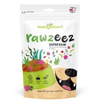 Image of Rawzeez Super Raw Botanical Food Booster for Dogs. feeding supplement. Made in the UK with 13 vet approved botanicals Pre &amp; Postbiotics, Hemp, Vitamins Minerals Activated Charcoal.