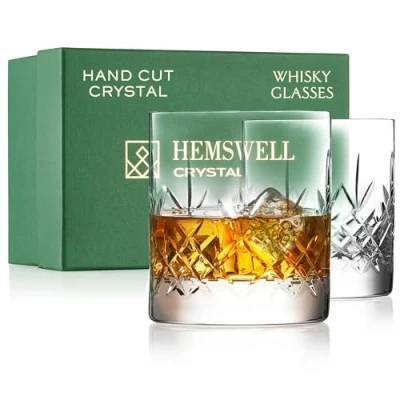 Image of Hemswell Crystal Whisky Glasses Set of 2 310ml Whiskey Cut Glass Tumblers Traditional Lead Free High Clarity Satin Lined Box Wicklow