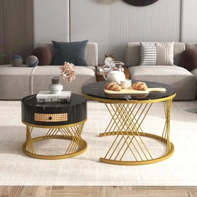 Image of ModernLuxe 2 in 1 Coffee Table, Multi functional Side Table with Marble Grain Veneer Top, Rattan Drawers, Solid Wood Handles, Gold Coloured Iron Legs, Round Nest of Tables for Living Room, Black