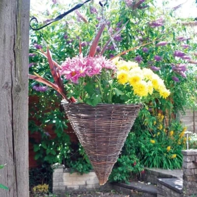 Image of Garden Mile® Various Sizes Hanging Baskets Decorative Ornamental Outdoor Indoor Wall Mounted Chain Planter Basket Green Jute Wire Coco Liner (12&quot; Rattan Cone Basket)