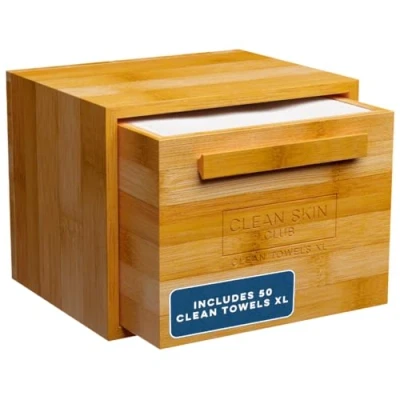 Image of Clean Skin Club Luxe Bamboo Box with Drawer &amp; Towels XL, Face Towel, Disposable Makeup Remover Dry Wipes, Facial Wash (Bamboo Container Drawer)