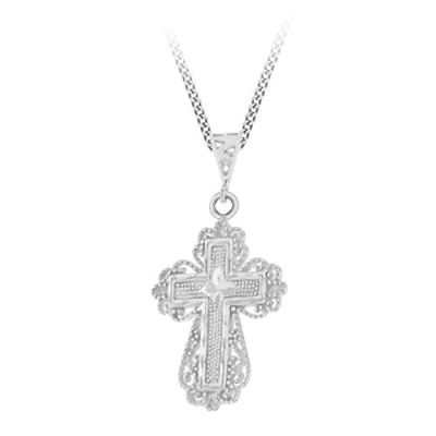 Image of Tuscany Silver Women&#039;s Sterling Diamond Cut Filigree Cross Pendant on Curb Chain 46cm/18&quot;