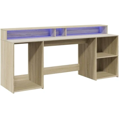 Image of vidaXL Desk with LED Lights Writing/Working Table 200 x 55 91 cm Sonoma Oak Engineered Wood Office/Bedroom/Gaming