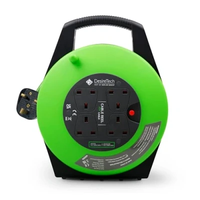 Image of Desiretech 4 Socket Extension Lead 10m Portable Cable Reel Thermal Cut Out, Ergonomic Handle, Green/Black Heavy Duty Cord for Indoor Use (10 Mtere)