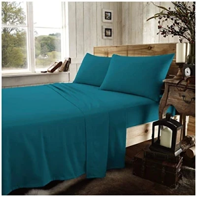 Image of Flannelette Flat Sheets Single, Warm &amp; Cosy Plain Bedding, Brushed Cotton Top Sheet, Teal