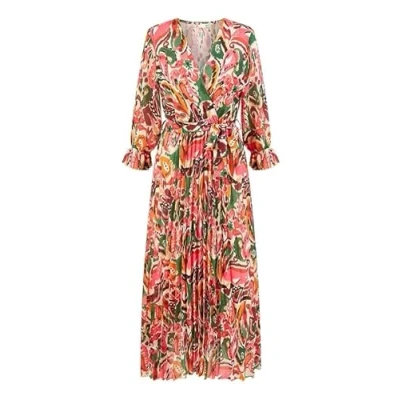 Image of Yumi Womens Pink Paisley Pleated Midi Dress With Pleats Size 10 UK