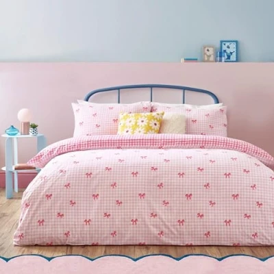 Image of Heya Home Gingham Bows Printed Duvet Set Pink Super King