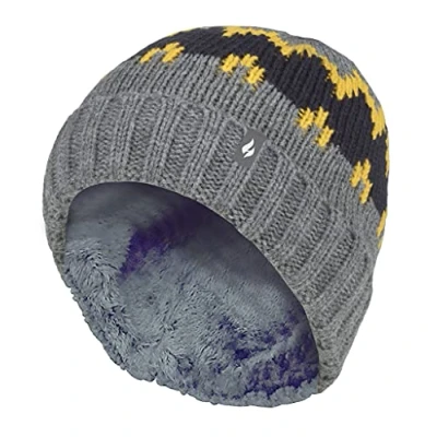 Image of HEAT HOLDERS Boys Thick Warm Ribbed Woven Knitted Soft Beanie Hat (7 10 Years, Pebble Melange/Gold/Navy)