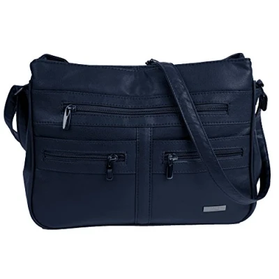 Image of Large Faux Leather Handbag/Shoulder Bag with 7 Zip Compartments &amp; Double Top (Navy Blue)