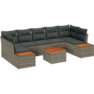 Image of vidaXL 8 Piece Garden Sofa Set with Cushions Grey Poly Rattan Acacia
