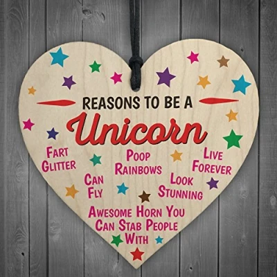 Image of RED OCEAN Reasons To Be A Unicorn Novelty Wooden Hanging Heart Shabby Chic Friendship Gift